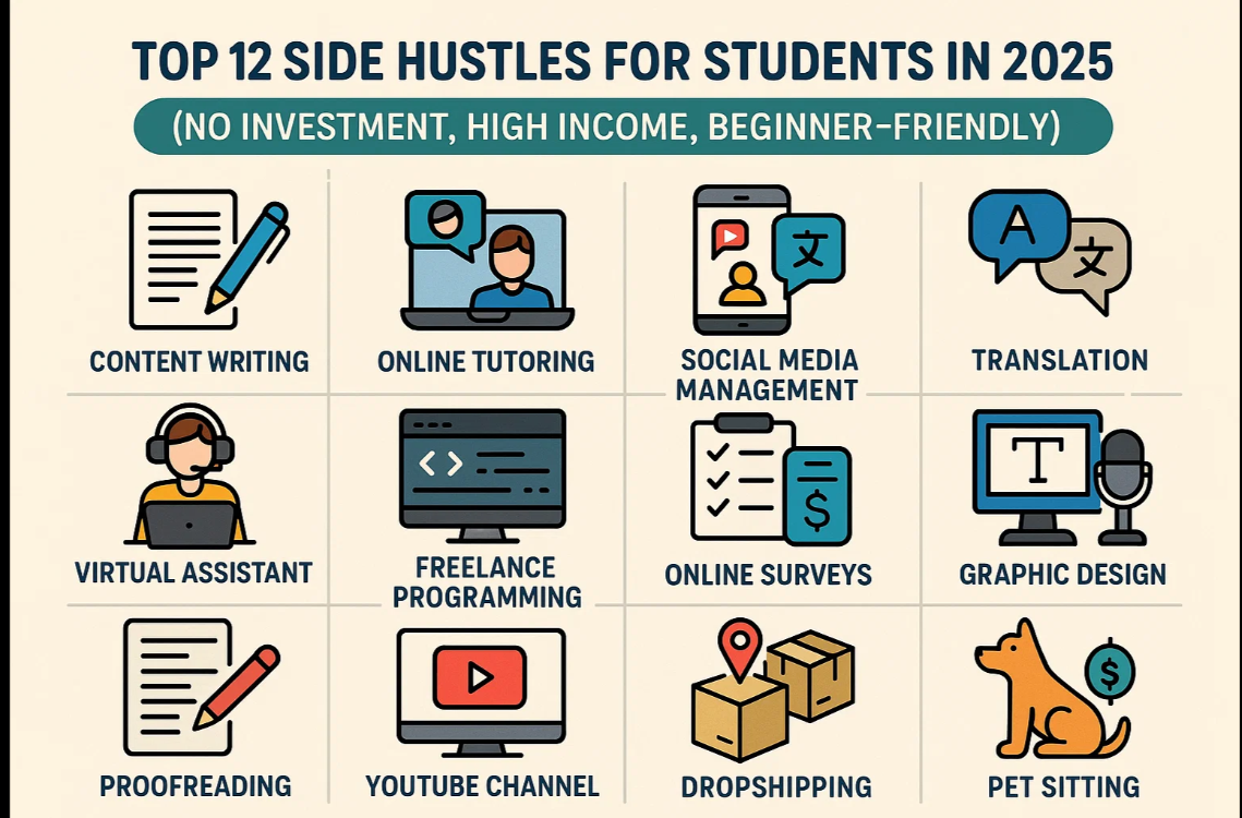 Top 12 Side Hustles for Students in 2025 (No Investment, High Income